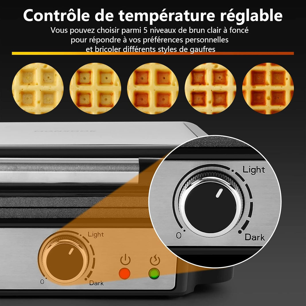 Gaufrier, Machine à Gaufres 4 Tranches, Bouton de Dorure Réglable 5 Positions
