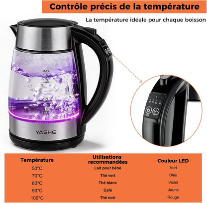 Bouilloire Électrique Temperature Reglable en Verre 1,7L, 2200W Ébullition Rapide