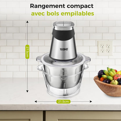 Hachoir Électrique 1,8L+2L, Robot de Cuisine avec Récipients en Verre et en Acier Inoxydable