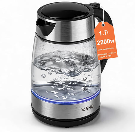 Bouilloire Électrique en Verre 1,7L, 2200W Ébullition Rapide avec LED Bleue