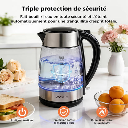 Bouilloire Électrique en Verre 1,7L, 2200W Ébullition Rapide avec LED Bleue