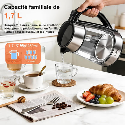 Bouilloire Électrique en Verre 1,7L, 2200W Ébullition Rapide avec LED Bleue