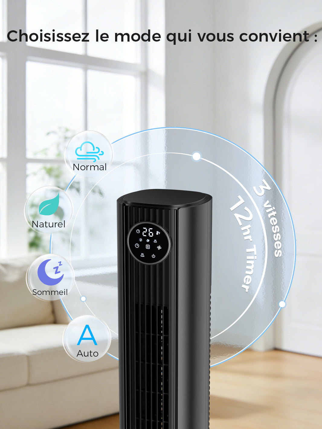 Ventilateur Tour Oscillant  - 3 Vitesses & Modes - Minuterie 12H - Télécommande - Noir