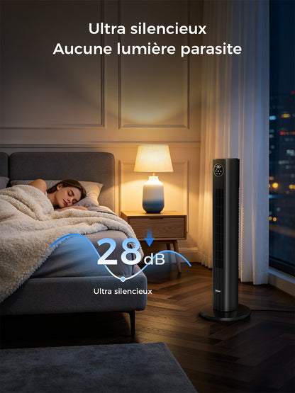 Ventilateur Tour Oscillant  - 3 Vitesses & Modes - Minuterie 12H - Télécommande - Noir