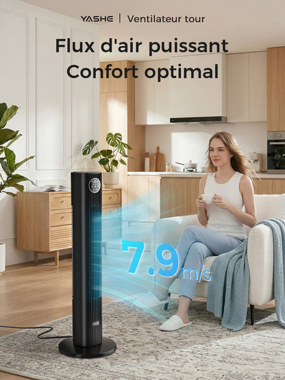 Ventilateur Tour Oscillant  - 3 Vitesses & Modes - Minuterie 12H - Télécommande - Noir