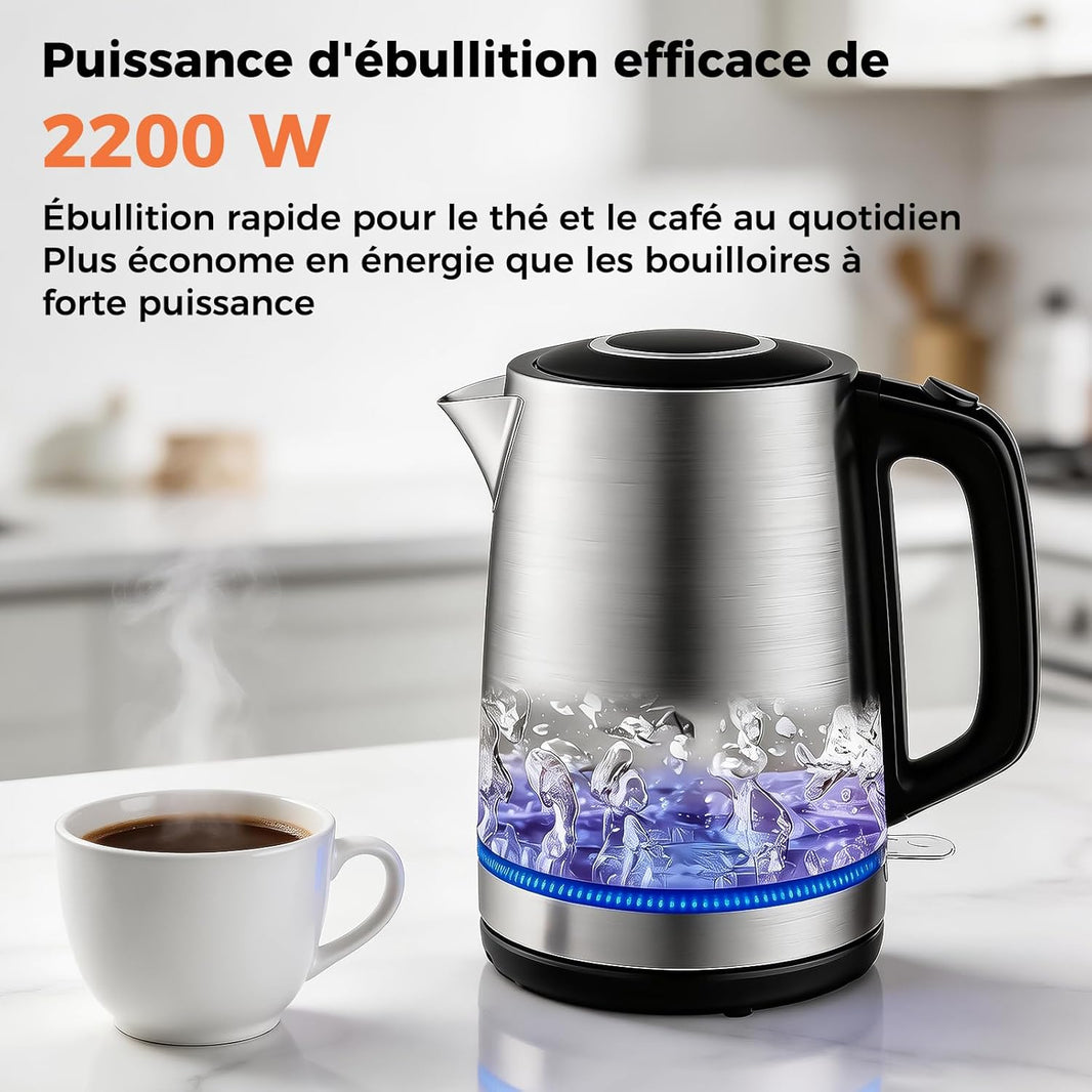 Bouilloire Électrique en Acier Inox 1,7L, 2200W Ébullition Rapide