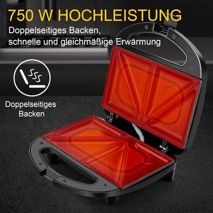 Appareil à croque-monsieur pour 2 croque-monsieur 750 W avec revêtement anti-adhésif