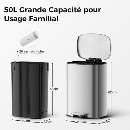 Poubelle Cuisine 50L, Grande Poubelle Rectangulaire avec 20 Sacs