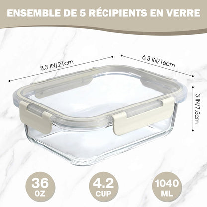 Set di 5 contenitori per il pranzo in vetro riutilizzabili, senza BPA