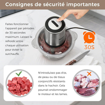 Hachoir Électrique 500W, Robot de Cuisine avec Bol en Acier Inoxydable 1,8L