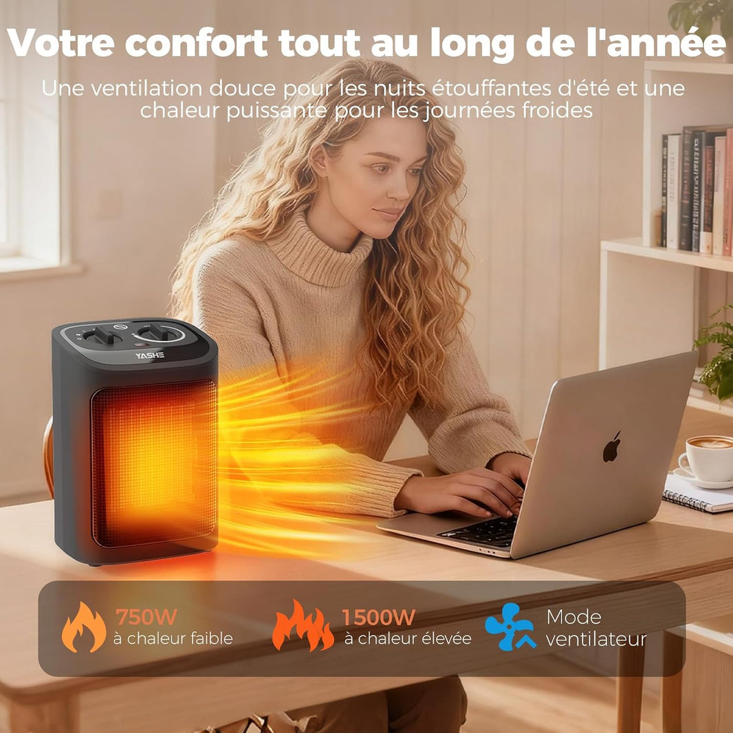 Radiateur Electrique PTC 1500W, Mode Éco, 3 Niveaux
