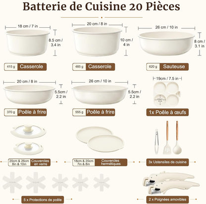 20 Pièces Set de Poêles et Casseroles Antiadhésives