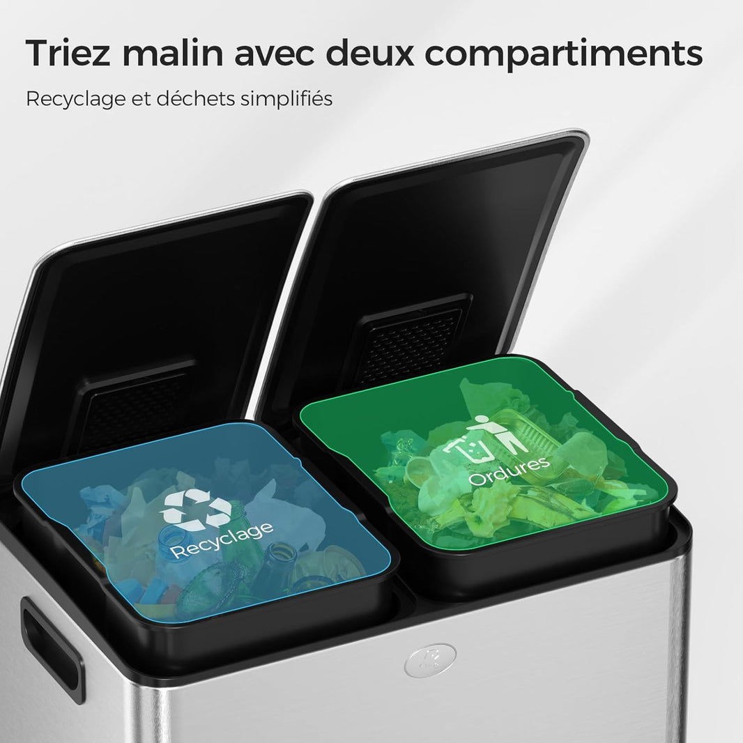 Poubelle à Double Compartiment avec Couvercle, 2x30L