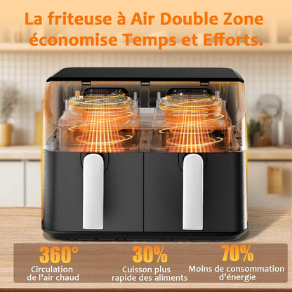 Air Fryer 2 Compartiments, 9L Friteuse Sans Huile avec 2 Tiroirs