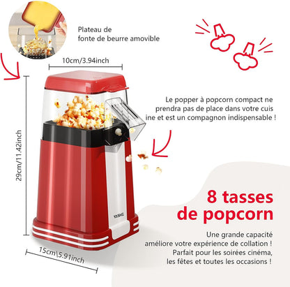 Machine à pop-corn rétro, 1200 W Machine à pop-corn à air chaud avec gobelet doseur