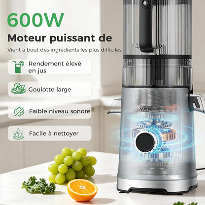 Extracteur de Jus à Froid 600W, Goulotte Extra-Large 152 mm pour Fruits et Légumes Entiers
