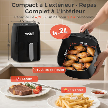 Air Fryer 4,2 L-Friteuse sans huile, Jusqu’à 4 personnes, 6 Programmes LED