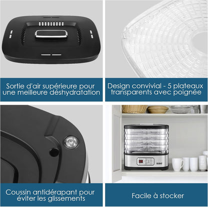 Déshydrateur Alimentaire, Contrôle de Température de 35 à 70°C et Minuterie de 72 Heures