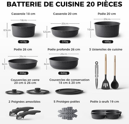 Batterie de cuisine 20 pièces, sans PFOA