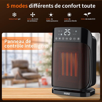 Chauffage d'appoint 1800W, Radiateur électrique en céramique PTC avec thermostat, minuterie 24h, télécommande