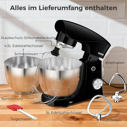 Robot Pâtissier 1500W, 4,5L + 5L Deux Bols en Acier Inoxydable