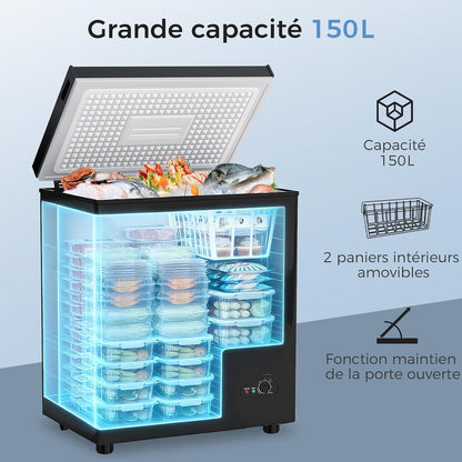 Congélateur coffre 150L, pose libre, Noir | 2 paniers amovibles, 6 niveaux de température, faible consommation d'énergie et fonctionnement silencieux de 45 dB