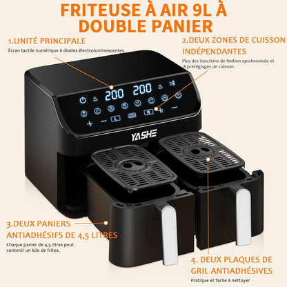 Air Fryer 2 Compartiments, 9L Friteuse Sans Huile avec 2 Tiroirs