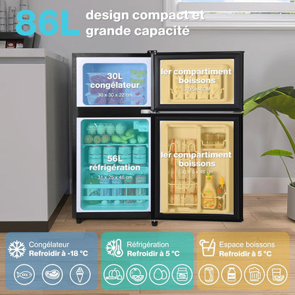 86L Mini-Réfrigérateur avec Congélateur, frigo Double Porte avec Congélateur Supérieur
