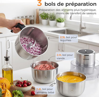 Hachoir Électrique avec 3 Bols pour Viande, Légumes et Sauces