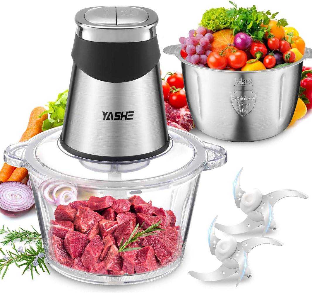 Hachoir Électrique 1,8L+2L, Robot de Cuisine avec Récipients en Verre et en Acier Inoxydable