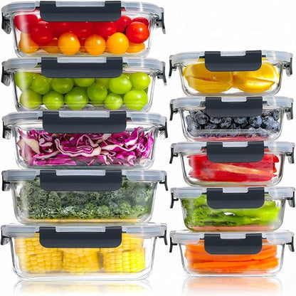 Set di 10 contenitori per il pranzo in vetro riutilizzabili, senza BPA