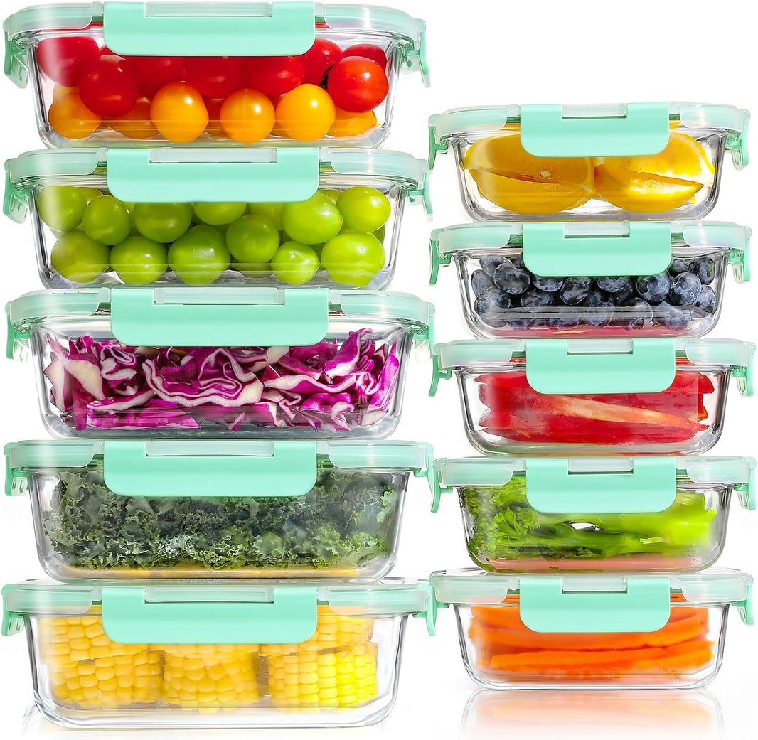 Set di 10 contenitori per il pranzo in vetro riutilizzabili, senza BPA