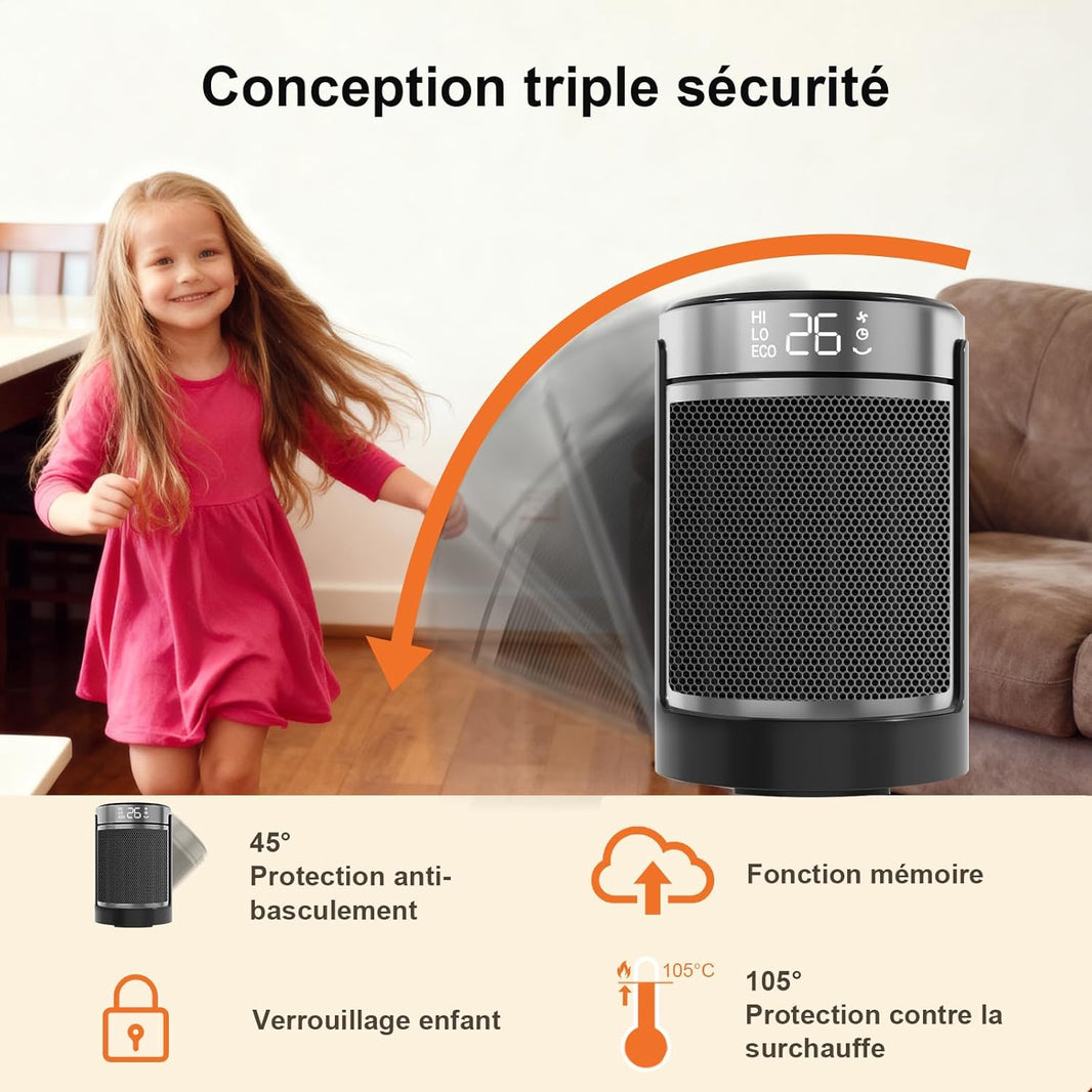 Chauffage d'appoint électrique, Céramique PTC 1500W Radiateur Soufflant, Télécommande