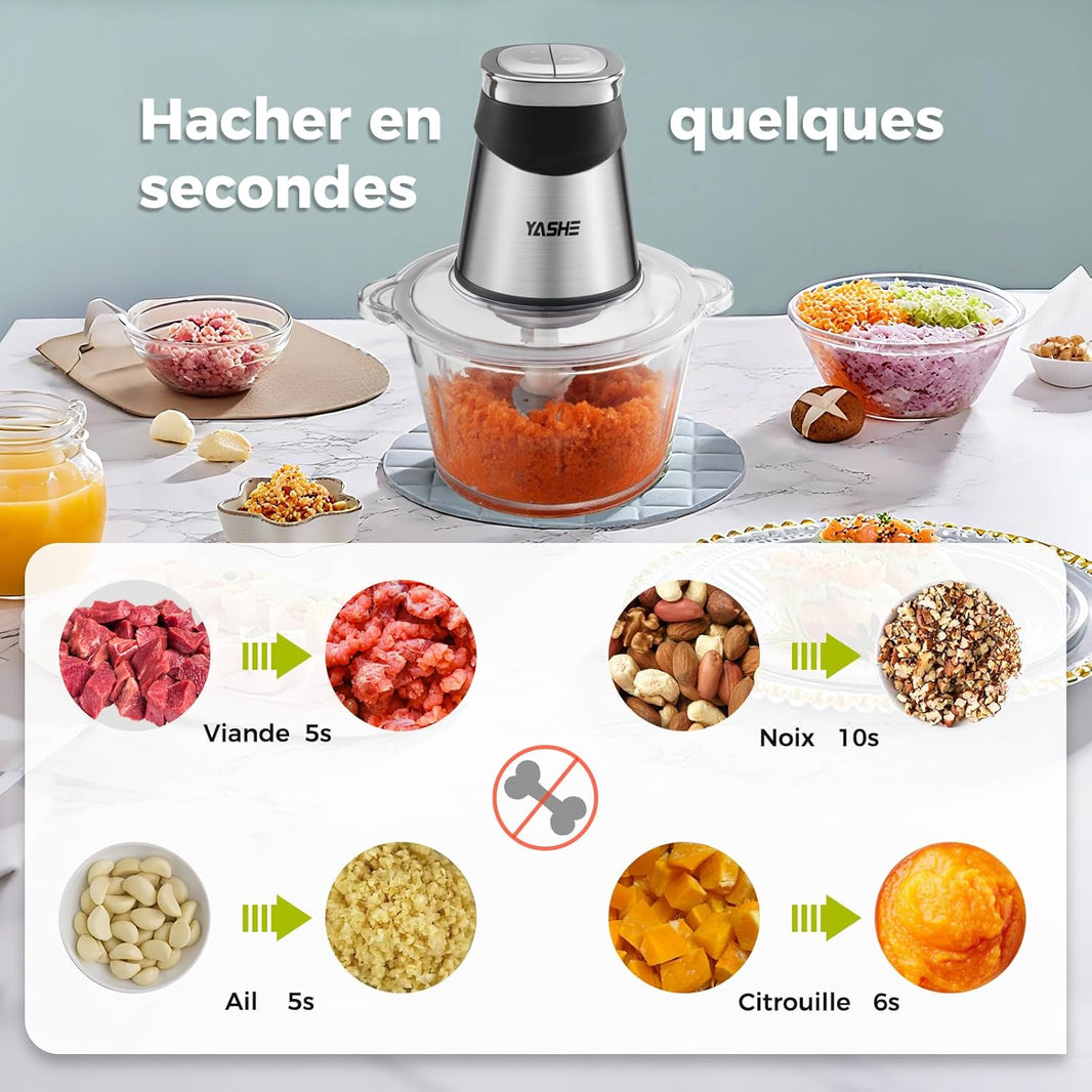 Hachoir Électrique 1,8L+2L, Robot de Cuisine avec Récipients en Verre et en Acier Inoxydable