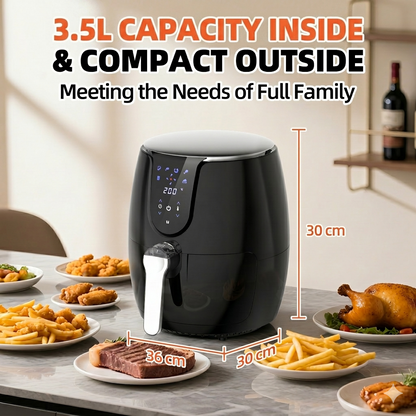 Air fryer 3.5L– 2500W, 6 modes préprogrammés, 80‑200°C, panier antiadhésif, sans huile