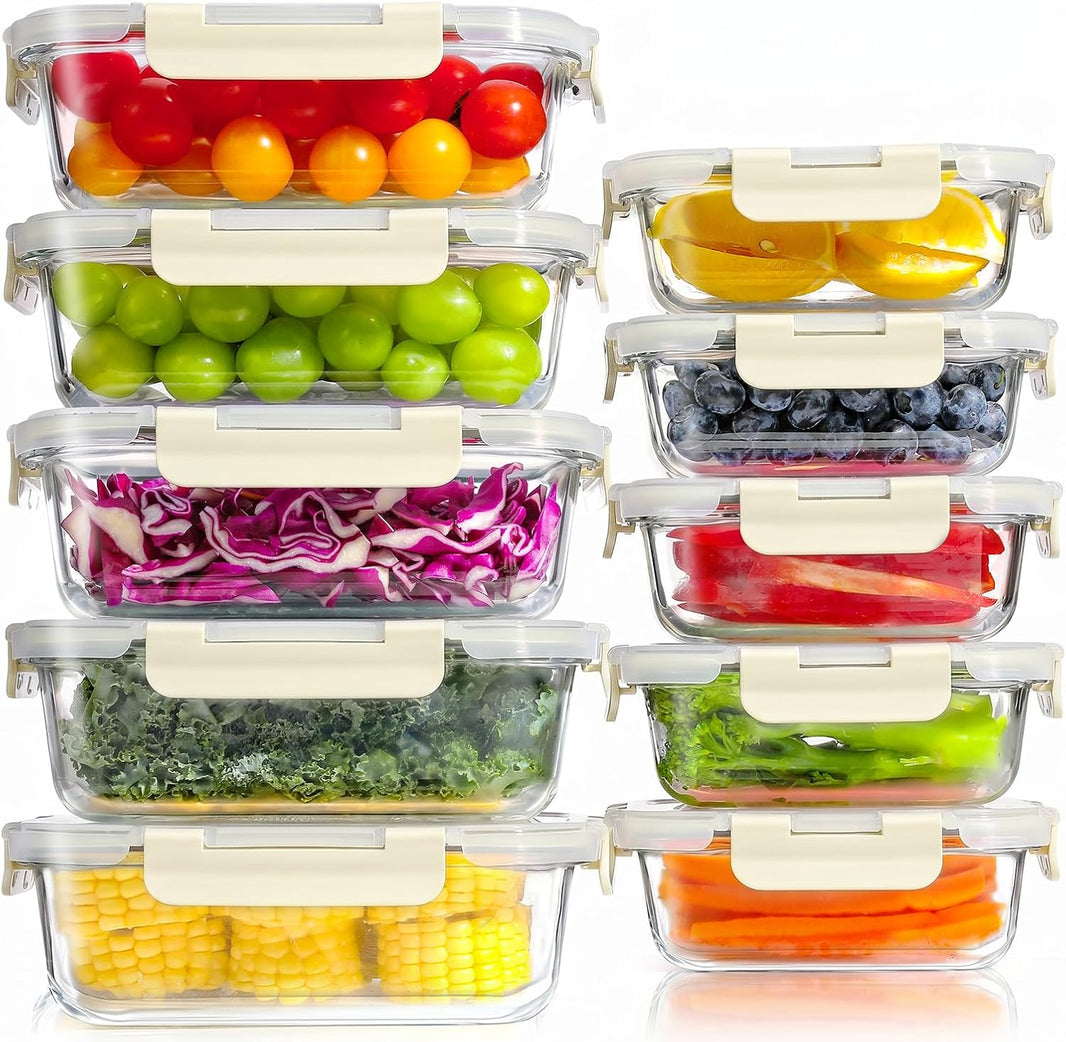Set di 10 contenitori per il pranzo in vetro riutilizzabili, senza BPA