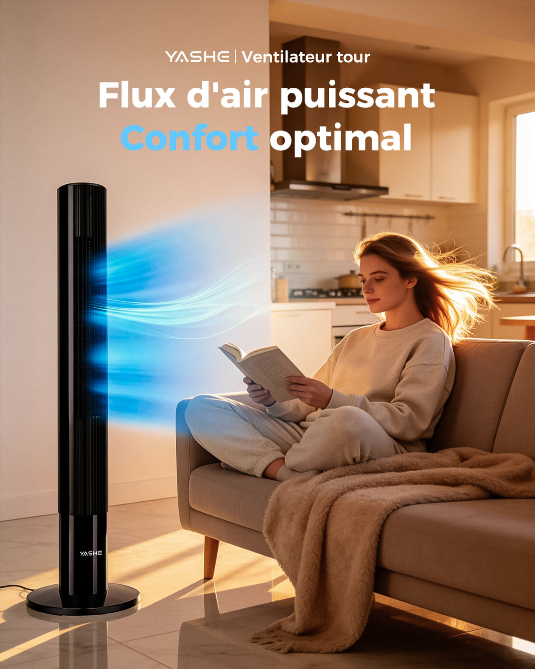 Ventilateur tour silencieux , 3 vitesses-oscillation- minuterie-mode nuit-télécommande-afficheur LED éteignable